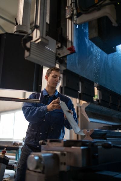 Arbeiter Hält Metallbrett vor Maschine