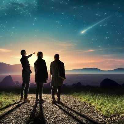 Familie steht in der Nacht auf Weg und beobachtet eine Sternschnuppe