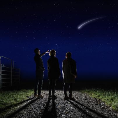 Familie steht in der Nacht auf Weg und beobachtet eine Sternschnuppe