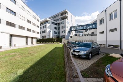 Moderne Gebäude in weiß, mit Glas-Stahl Übergang verbunden, Wiese, Parkplatz